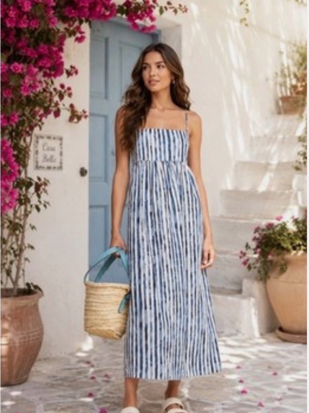 Vince Painterly Striped Coastal Blue Midi Dress | Size 2